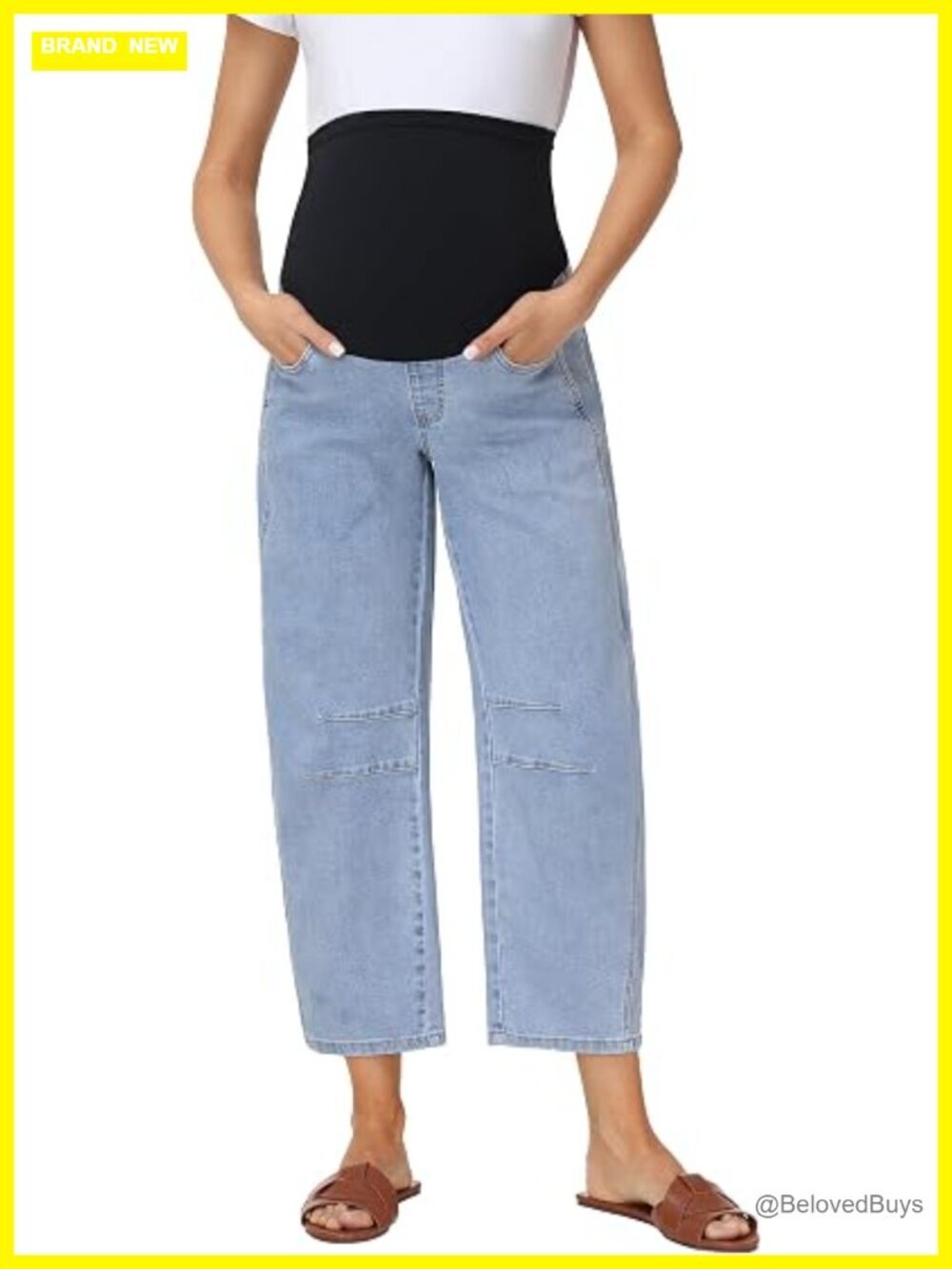 Maternity Barrel Jeans Over Belly Comfy Stretch Wide Leg Cropped Baggy